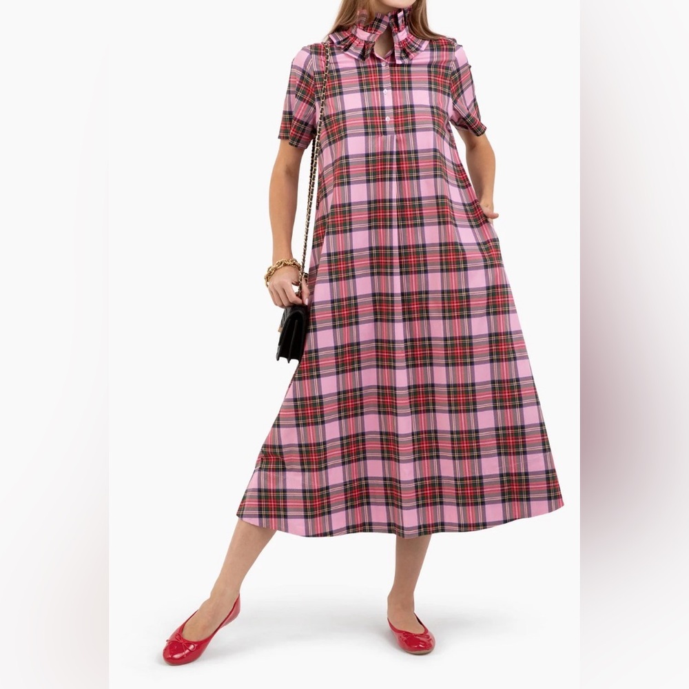 Quiet Culture Pink Plaid Short Sleeve Maxi Dress, Size M/L